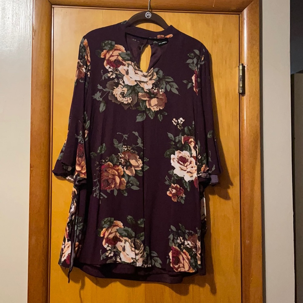 Size Small, bell sleeves, deep purple with floral pattern